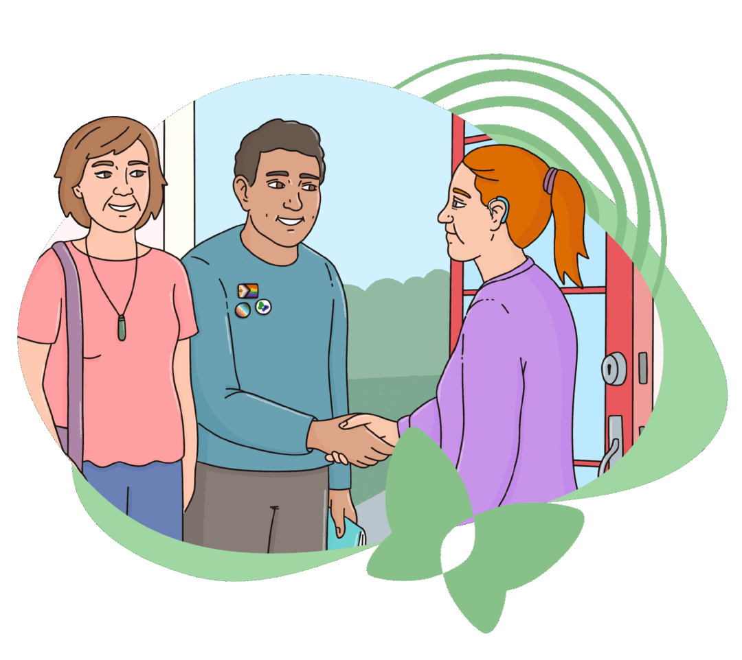 Illustration of two visitors arriving at a home. One visitor, wearing a blue shirt with a People First and diversity badge, is shaking hands with the person who lives there. The person at the door has red hair in a ponytail and is wearing a purple top. The second visitor, in a pink shirt with a pounamu and purple bag, stands beside them smiling. The interaction looks friendly and respectful.
