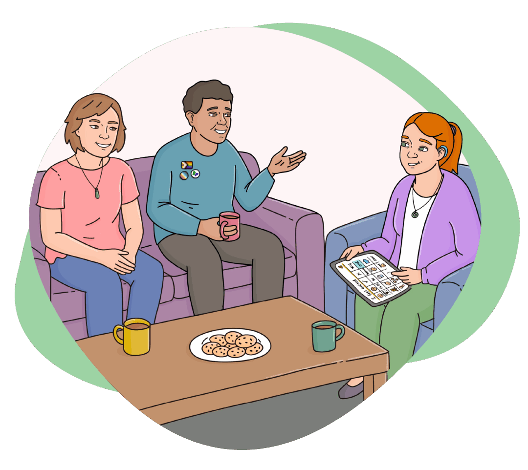 Illustration of three people sitting together in a living room. Two visitors are having a conversation with the person who lives in the home, who is holding a communication device. There are cookies and mugs on the table.