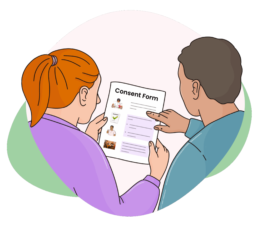 Illustration of two people reviewing a "Consent Form" together. The person with red hair in a ponytail is holding the form, while the other person points to it.