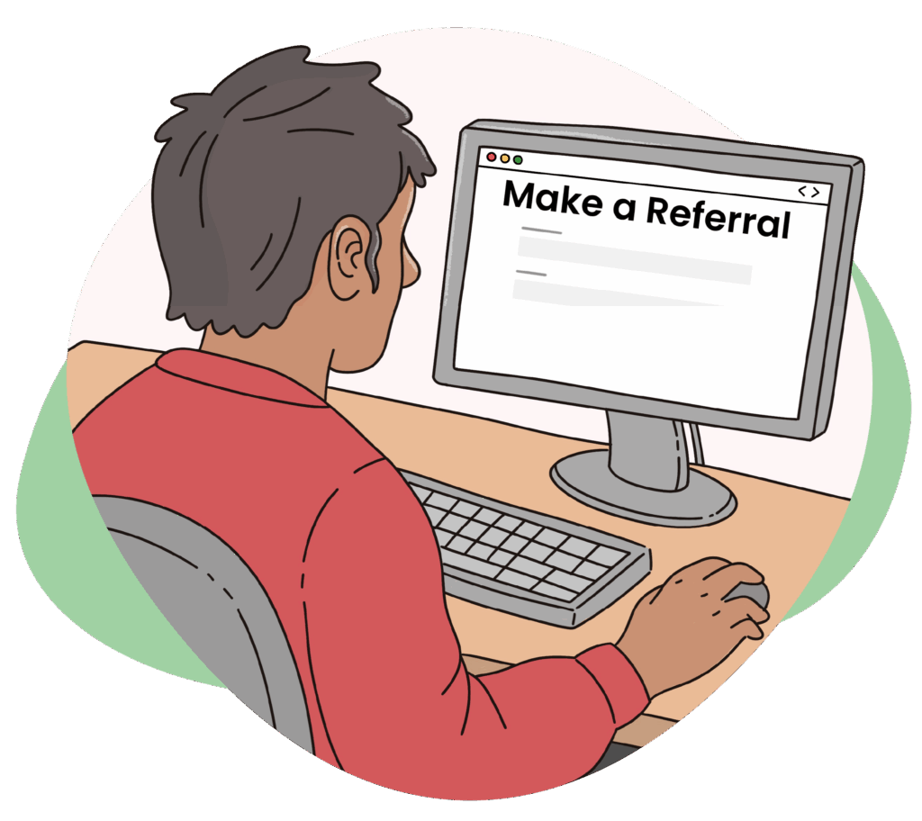 Illustration of a person sitting at a desk using a computer. The screen shows a "Make a Referral" webpage with a form and a pink submit button. The person is using a mouse and appears focused on filling out the form.