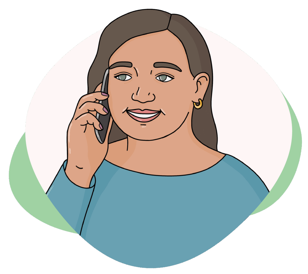 Illustration of a person with long hair, wearing an earring and a blue shirt, smiling while talking on the phone.