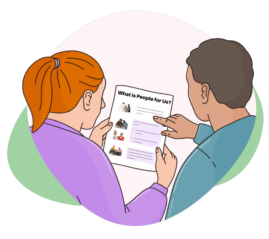 Illustration of two people reviewing a What is People for Us Easy Read together. The person with red hair in a ponytail is holding the form, while the other person points to it.